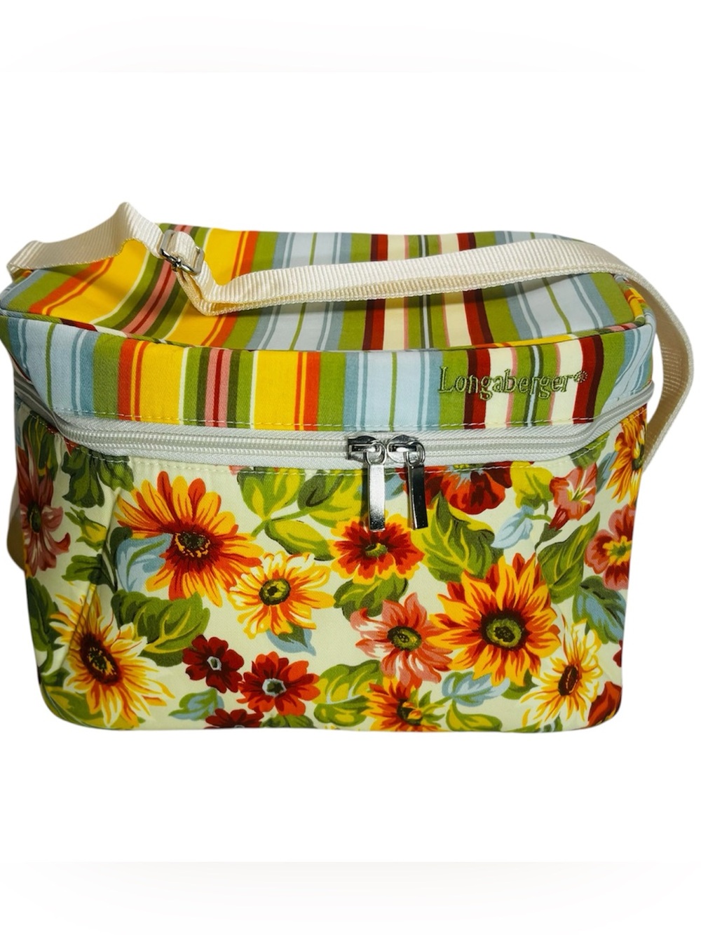 Longaberger Sunflower Floral Stripe Insulated Lunch Bag Cooler Tote NEW IN PKG